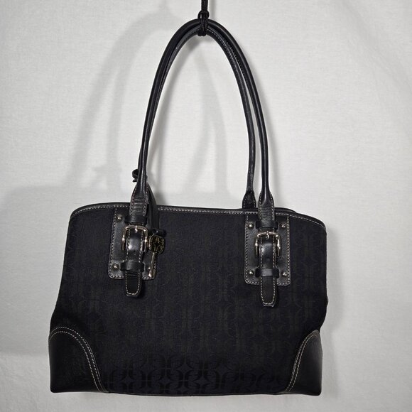 Vintage Fossil Handbags - Vintage FOSSIL Y2K Whimsigoth BLACK Signature Canvas Leather Trim Shoulder Bag.
